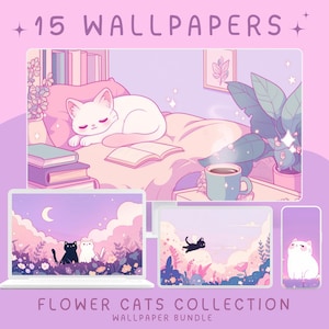 Bloemenkattenbehang, roze bureaubladachtergrond, gezellige bloem telefoon lockscreen, paarse kawaii computerachtergrond, pastel laptop startscherm hd