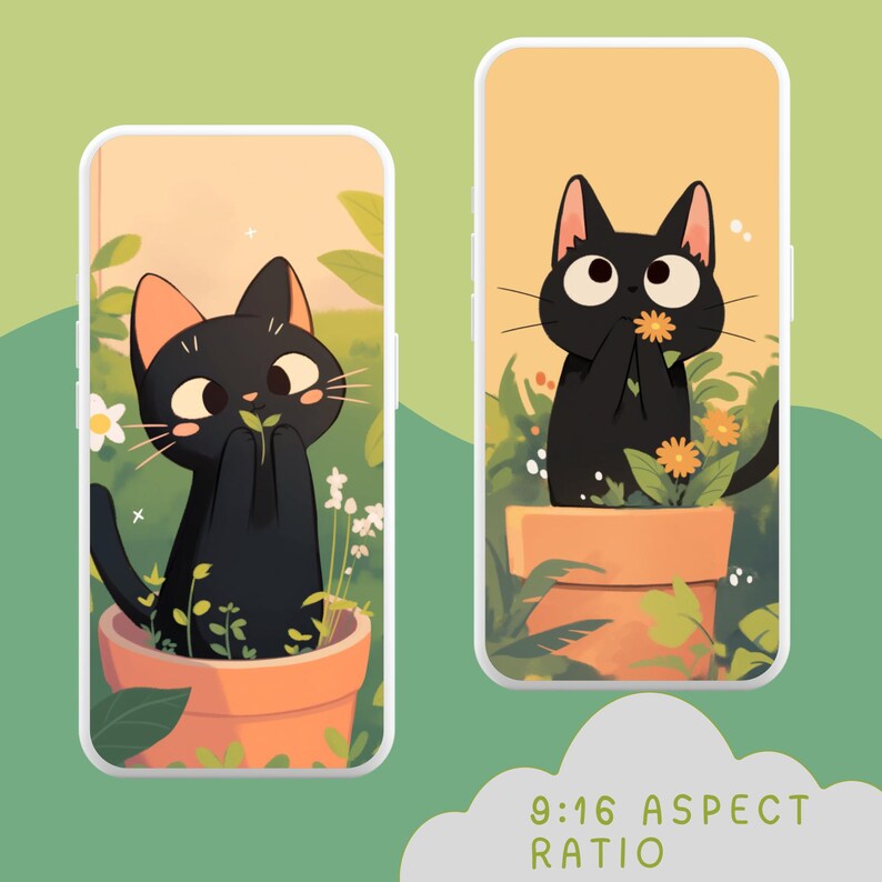 Kawaii Black Cat Wallpaper Bundle: Matcha Green Anime Art (digital ...