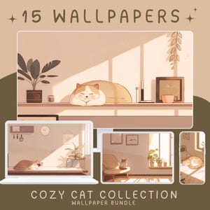 Puede incluir: Una ilustración digital de un paquete de fondos de pantalla de colección de gatos acogedores. La imagen presenta tres escenas diferentes con gatos en una habitación soleada. La primera escena muestra un gato grande durmiendo en un estante, la segunda escena muestra un gato sentado en una silla y la tercera escena muestra un gato durmiendo en una cama. El texto "Cozy Cat Collection Wallpaper Bundle" se muestra en la parte inferior de la imagen.