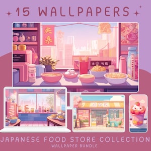 Japanese Food Store Wallpaper, Lofi Anime Desktop Background, Pink Phone Homescreen, Cozy PC Screensaver, Cute Pastel Aesthetic Lockscreen