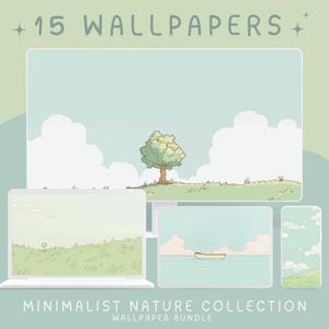 Puede incluir: Una ilustración digital de 15 fondos de pantalla minimalistas de naturaleza. Las imágenes presentan un campo verde, un árbol, un barco en el agua y un cielo azul con nubes blancas. El texto "15 WALLPAPERS" y "MINIMALIST NATURE COLLECTION WALLPAPER BUNDLE" está incluido en la imagen.