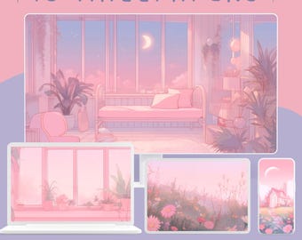 May include: A collection of 15 pastel-coloured digital wallpapers featuring dreamy scenes of a bedroom with a window, a field of flowers, and a house with a moon in the sky. The text "DREAMY PASTEL COLLECTION WALLPAPER BUNDLE" is at the bottom of the image.