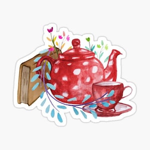May include: A red teapot with white polka dots, a teacup and saucer, and a book, all surrounded by blue and green leaves and pink flowers.