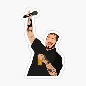 May include: A digital illustration of a man with tattoos and a microphone in his hand. He is wearing a black shirt and has a beer in his other hand. He is smiling and looking up.
