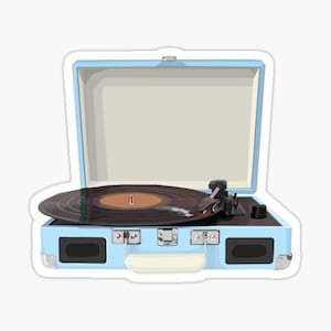 May include: A light blue portable record player with a vinyl record playing. The record player is open, revealing the record and the needle. The record player has silver latches and a white handle.