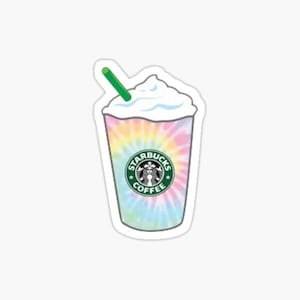 May include: A tie-dye Starbucks coffee cup with whipped cream and a green straw. The Starbucks logo is visible on the cup.