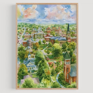 May include: A watercolor painting depicting an aerial view of a town with brick buildings, a prominent clock tower, and lush green trees. The scene features winding pathways, residential structures, and a blue sky with soft clouds.