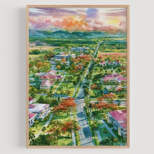 May include: A vertical watercolor painting depicting a tropical landscape with a central road lined by palm trees and flowering orange trees. The scene features white buildings with pink roofs, lush green vegetation, and a sunset sky with pink clouds.
