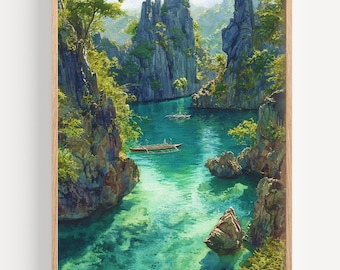 May include: A framed print of a tranquil tropical scene. The artwork shows a turquoise lagoon surrounded by tall rock formations covered in green vegetation. Small boats float on the water, adding to the sense of peace.