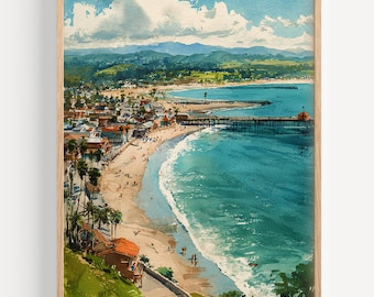May include: Watercolor print of a coastal town with a pier, beach, and ocean. The artwork features a vibrant color palette of blues, greens, and browns, with a wooden frame. The scene depicts a sunny day with clouds and palm trees.