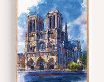 Op de afbeelding: Ingelijste aquarel van de Notre Dame kathedraal in Parijs. Het kunstwerk toont de gevel van de kathedraal, met een blauwe en witte lucht en water op de voorgrond. De schildering is in een lichte houten lijst, in een impressionistische stijl.