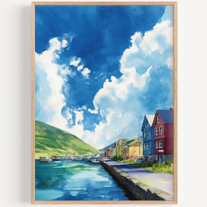 Isafjordur Watercolor Painting- Wall Art Print, Fjord Travel Poster, Iceland Travel Print, Travel Decor, Gift Idea, Illustration, Home Decor