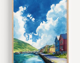 May include: Watercolor painting of a coastal town with colorful buildings and a harbor. The sky is a vibrant blue with fluffy white clouds. A green hillside rises in the background, and the water is a turquoise color.