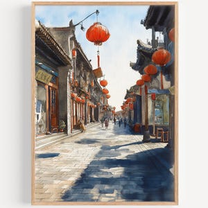 A detailed watercolor painting of Pingyao Ancient City in China, showcasing a traditional street lined with historic wooden buildings and ornate rooftops. Red lanterns hang above the stone-paved road, casting warm colors against the architecture, while locals and visitors stroll leisurely. The artwork captures the timeless charm and cultural heritage of this UNESCO World Heritage Site, blending history, tradition, and atmosphere under a bright, clear sky.