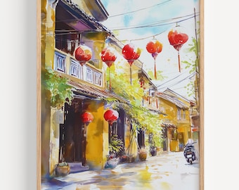 ベトナムの街並みの水彩画：東南アジアの旅のオリジナルアート - Etsy 日本