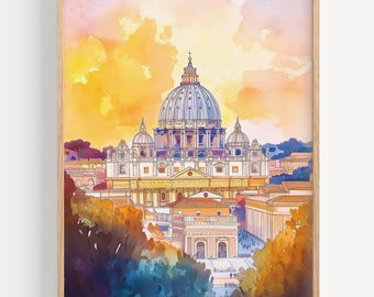 St Peters Basilica Watercolor Painting - Wall Art Print, Travel Poster, Travel Print, Travel Decor, Gift Idea, Illustration, Home Decor