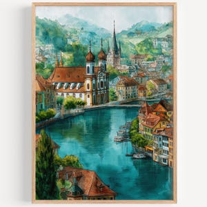 Lucerne Watercolor Painting - Wall Art Print, Travel Poster, Switzerland Travel Print, Travel Decor, Gift Idea, Illustration, Home Decor