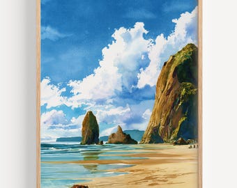 Cannon Beach Watercolor Painting - Wall Art Print, USA Travel Poster, Oregon Travel Print, Travel Decor, Gift Idea, Illustration, Home Decor