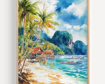 May include: Watercolor painting of a tropical beach scene with palm trees, huts on stilts, and boats. The artwork features a vibrant blue sky with fluffy clouds, turquoise water, and a sandy beach. The painting is framed in a light brown wooden frame.