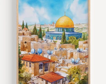Jerusalem Watercolor Painting- Wall Art Print, Israel Poster, Israel Travel Print, Travel Decor, Travel Gift Idea, Illustration, Home Decor