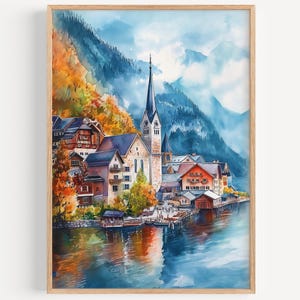 Hallstatt Watercolor Painting- Wall Art Print, Travel Poster, Austria Travel Print, Travel Decor, Travel Gift Idea, Illustration, Home Decor