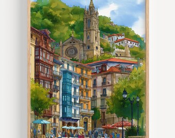 Pintura de acuarela de San Sebastián - Lámina decorativa para pared, póster de viaje, lámina de viaje, decoración de viaje, idea de regalo de viaje, ilustración, decoración del hogar