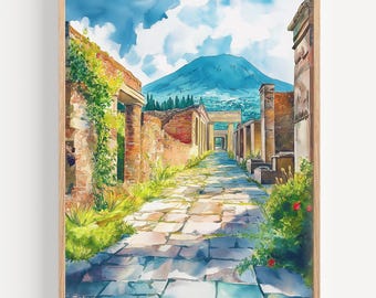 May include: Watercolor painting of an ancient Roman street scene. The artwork depicts a stone pathway leading towards a mountain under a blue sky with fluffy white clouds. Buildings with columns and arches line the street, with greenery and red flowers adding color.
