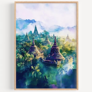 Borobudur Watercolor Painting - Wall Art Print, Travel Poster, Indonesia Travel Print, Travel Decor, Gift Idea, Illustration, Home Decor