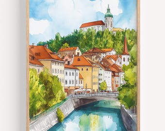 Acquerello di Lubiana - Stampa artistica da parete, Poster di viaggio, Stampa di viaggio in Europa, Decorazione da viaggio, Idea regalo di viaggio, Illustrazione, Decorazione per la casa
