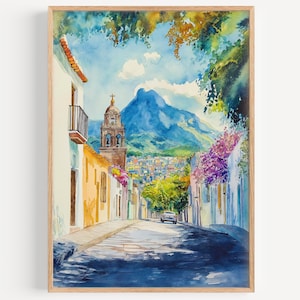 Pintura de acuarela de Monterrey - Impresión de arte mural, póster de México, impresión de viaje a México, decoración de viaje, idea de regalo de viaje, ilustración, decoración del hogar