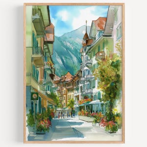Interlaken Watercolor Painting- Wall Art Print, Travel Poster, Swiss Travel Print, Travel Decor, Travel Gift Idea, Illustration, Home Decor