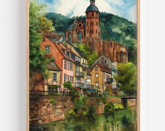 ハイデルベルクの絵画、ドイツ 水彩画、ヨーロッパの城の壁アート