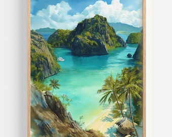 May include: A framed watercolour painting shows a tropical island scene. Turquoise water surrounds green islands under a blue sky with white clouds. Palm trees and a hut are on a sandy beach. A small white boat is in the water.