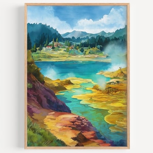 Rotorua Watercolor Painting - Wall Art Print, Travel Poster, New Zealand Travel Print, Travel Decor, Gift Idea, Illustration, Home Decor