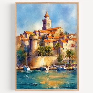 May include: Watercolor painting of a coastal town with red-tiled roofs, a tall bell tower, and palm trees. The artwork depicts a harbor with boats on the water. The sky is blue, and the painting is framed in a light wood.