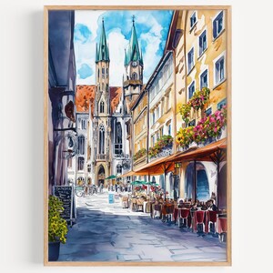 Akvarellmålning i München - Väggkonsttryck, Reseposter, Tysklandsresetryck, Resedekor, Resepresentidé, Illustration, Heminredning