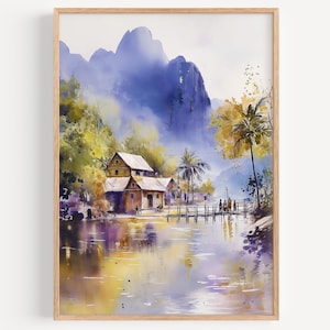 Vang Vieng Watercolor Painting - Wall Art Print, Laos Poster, Travel Print, Laos Travel Decor, Travel Gift Idea, Illustration, Home Decor