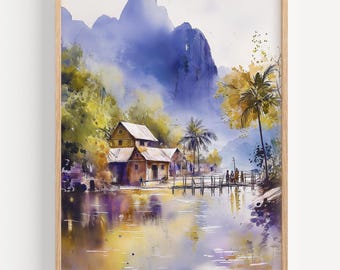 Akwarela z Vang Vieng – wydruk ścienny, plakat z Laosu, wydruk podróżny, dekoracja z podróży do Laosu, pomysł na prezent podróżniczy, ilustracja, wystrój domu
