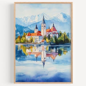 Bleder See Aquarell Malerei - Kunst Druck, Slowenien Poster, Reise Druck, Reise Dekor, Reise Geschenk Idee, Illustration, Home Dekor