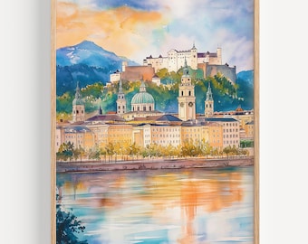 Aquarelle de Salzbourg - impression d'art mural, affiche Autriche, impression voyage en Autriche, décoration de voyage, idée cadeau voyage, illustration, décoration d'intérieur