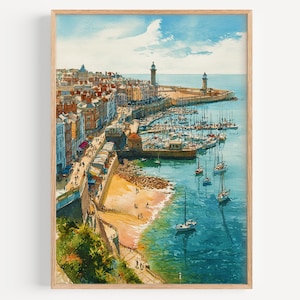 Puede incluir: Pintura a la acuarela de un pueblo costero con un puerto, barcos y un faro. La obra de arte presenta una vibrante paleta de colores de azules, verdes, naranjas y marrones. La escena representa un día soleado con cielo despejado y agua en calma, enmarcada en un marco de madera clara.