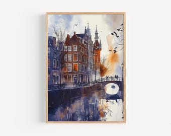 Amsterdam Watercolor Painting - Wall Art Print, Amsterdam Poster, Travel Print, Travel Decor, Gift Idea, Illustration, Home Decor, Artwork