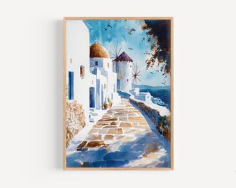 May include: A watercolor painting of a whitewashed street in a Greek village. The street is lined with white buildings, and there is a windmill in the distance. The sky is blue, and there are some birds flying overhead.