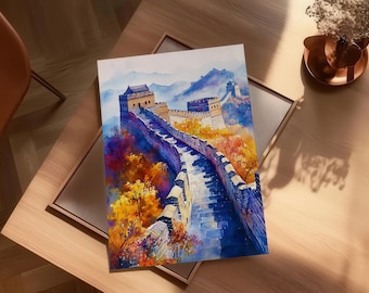 万里の長城の水彩画 - ウォールアートプリント、中国ポスター、旅行