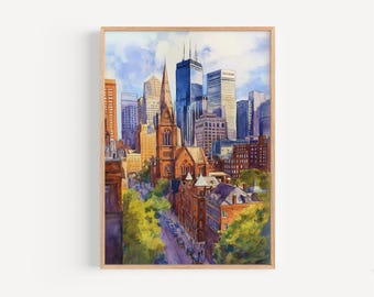 May include: A watercolor painting of a cityscape with a church in the foreground. The church is a red brick building with a tall steeple. The cityscape is in the background and is made up of tall buildings. The sky is blue with white clouds.
