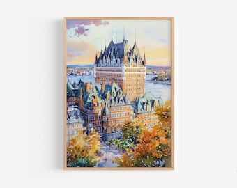 May include: A watercolor painting of the Chateau Frontenac in Quebec City, Canada. The building is a grand, historic hotel with a distinctive French-style architecture. The painting captures the beauty of the building and its surroundings, including the St. Lawrence River and the fall foliage.