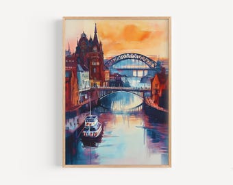 Akwarela z Newcastle – wydruk ścienny, plakat z Newcastle, wydruk z podróży do Wielkiej Brytanii, wystrój wnętrz, pomysł na prezent podróżniczy, ilustracja, wystrój wnętrz