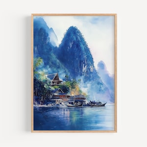 Nong Khiaw Watercolor Painting - Wall Art Print, Loas Poster, Laos Travel Print, Travel Decor, Travel Gift Idea, Illustration, Home Decor