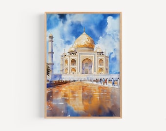 4 インドの風景画、タージ・マハルの絵画、水彩画、インドの