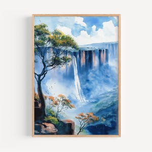 Può includere: Un dipinto ad acquerello di una cascata che scende a cascata da una scogliera. Alberi verdi lussureggianti e un cielo blu con nuvole bianche sono in primo piano. Il dipinto ha un'atmosfera morbida e sognante.